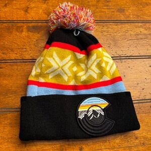 Colorado Limited Beanie Mountain Patch Pom Pom Knit Hat Black Yellow Blue Red